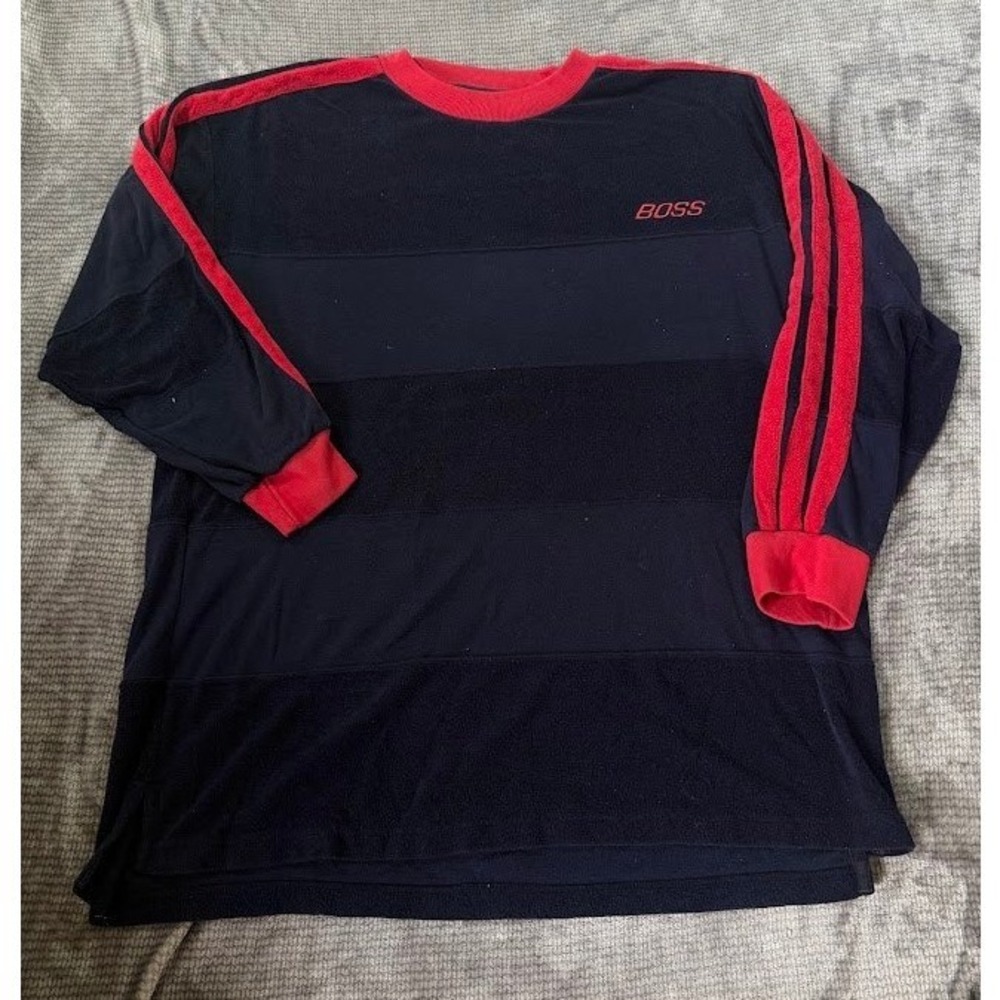 Boss By Design Sweatshirt Mens Navy Red Striped Long Sleeve Fleece Pullover Logo